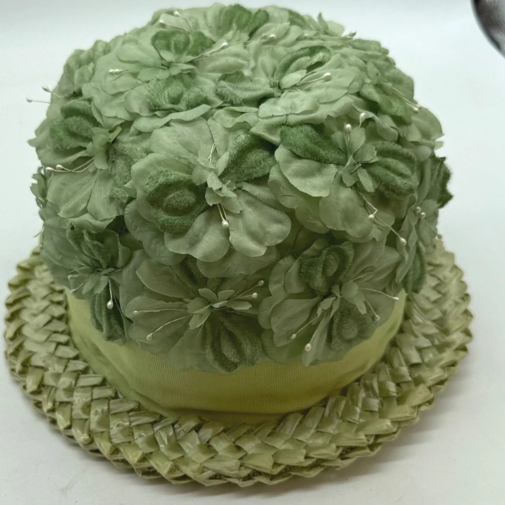 VTG Wilk's Green Floral Straw Pillbox Hat Original Box Mid Century union 50s 60s